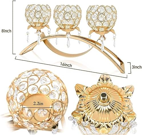 Set of 3 Gold Crystal Tea Light Candlestick Holders Flower Shape with Crystal Pendant Bowl Votive Metal Candle Holder for Table Centerpieces Wedding Home Decor (Gold, 3 arm) - Image 3