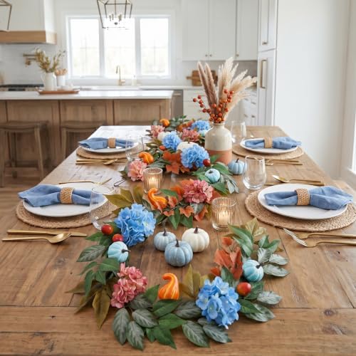 Montekin 6ft Fall Hydrangea Garland with Blue Pumpkins - Image 6