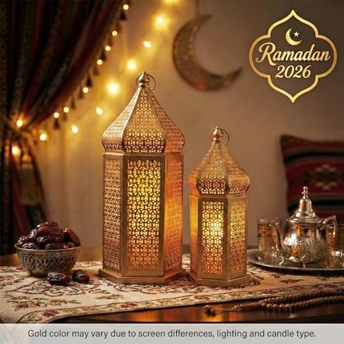 VELA LANTERNS 4ct Golden Tower Temple Moroccan Lantern Lamp Decorative Candle Holders for Ramadan Decorations, Hanging, Outdoor Patio or Porch, Indoor Home Decor, Gold, 2-11" Small, 2-15" Large - Image 3