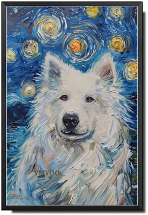 Metal Sign Vintage Tin Sign Samoyed Starry Night Samoyed Frosty Samoyed in Night for Home Winter Retreat and Seasonal Celebrations Rustproof Aluminum 6×8 Inches with Metal Frame by YmyooForTinSign