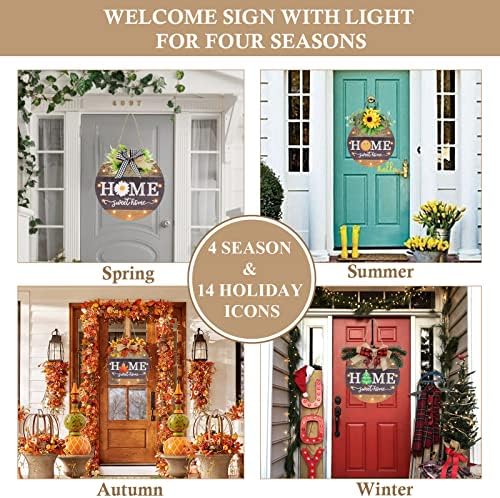 Interchangeable Seasonal Welcome Sign Front Door Decoration with 4 Seasonal Wreaths and LED Light, Rustic Round Wood Wreaths Wall Hanging Outdoor, Farmhouse Front Door Decoration Home Décor - Image 3