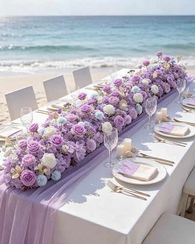 72inch Aisle Flower Garland with Chiffon Sheer Drape, Artificial Flowers Purple & White Rose with Hydrangea, Floral Runner for Wedding Arch, Backdrop, Reception Table Decor, Ceremony Pathway - Image 4