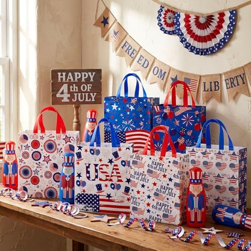 Wesnoy 48 Pcs 4th of July Patriotic Gift Bags Bulk with Handle Non Woven 250th Anniversary Goodie Bag Independence Day American Flag Memorial Day Tote Bag Holiday Party Favor, 11.4 x 10.6 x 4.7 Inch - Image 4