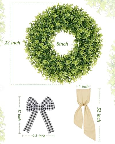 Vlorart 22 Inch Boxwood Wreaths for Front Door, UV-Resistant Green Decor - Image 3