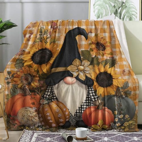 Gnome Blanket, Fall Pumpkin Sunflower Fleece Throw Blanket Twin Size for Couch Bed Sofa, Yellow Plaid Blankets and Throws, Decor & Gifts, Super Soft Plush Flannel Blanket, 60x80 by Unknown