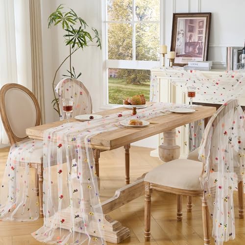 BINBE 6pcs Ivory Daisy Spring Table Runner Embroidery Gauze 10FT Florals Seasonal Tulle Holiday Birthday Kitchen Dining Table Decor for Home Party - Image 6