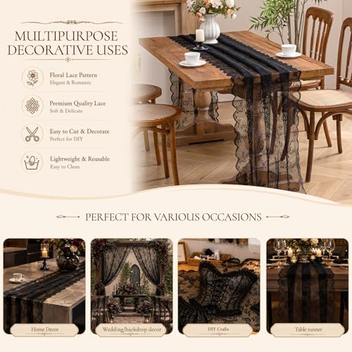 Black Lace Table Runner with Floral Embroidered (3pcs, 28”x118”) - Image 4