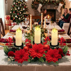 meekoo Christmas Centerpiece with 3 Candle Holders 3 LED Candles 1 String Lights Xmas Triple Candelabrum Poinsettia Red Berry Pine Cones with 3 Candle Holders for Tables Home Decorations - Image 2
