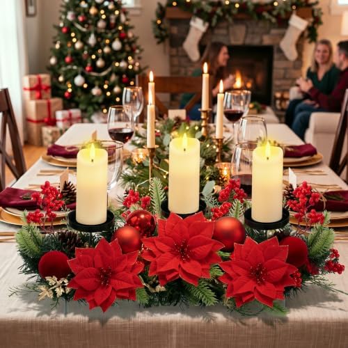 meekoo Christmas Centerpiece with 3 Candle Holders 3 LED Candles 1 String Lights Xmas Triple Candelabrum Poinsettia Red Berry Pine Cones with 3 Candle Holders for Tables Home Decorations - Image 2