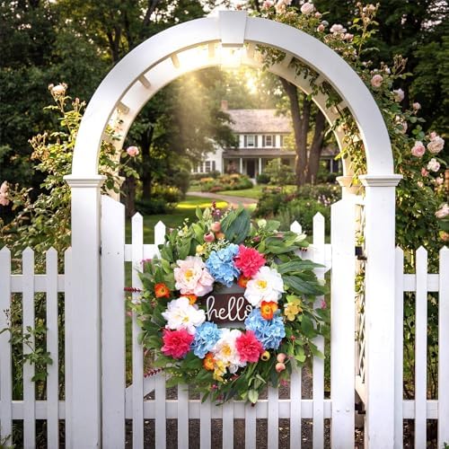 24" Peonies Wreaths for Front Door with Blue Hydrangea, Peonies, Dahlia, Phalaenopsis, Spring&Summer Outdoor Artificial Flowers for Wedding, Front Door Porch Yard Patio Home Decor - Image 4