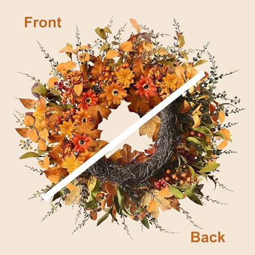 Artificial Fall Wreath 22 Inch Fall Wreaths for Front Door with Orange Berries Daisies Eucalyptus Leaves Autumn Door Wreaths for Thanksgiving Harvest Festival Wall Porch Farmhouse - Image 2