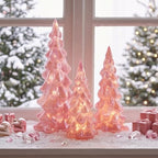 3 Pcs Glass Pink Christmas Trees LED Tabletop Decor - Image 2