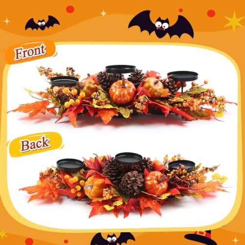 Fall Harvest Centerpiece with 3 Candle Holders, Maple & Pumpkin - Image 4