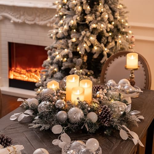 Valery Madelyn 24'' Pre-Lit Christmas Wreath for Front Door with Light, Large Lighted Outdoor Christmas Wreath with Silvery White Xmas Balls & Pinecones for Home Porch Fireplace Window Holiday Decor - Image 3