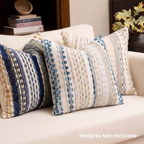 Boho Chenille Tufted Throw Pillow Covers 18x18 Inch Set of 2 Farmhouse Grey Blue Woven Striped Decorative Pillowcases for Couch Sofa Bed - Image 2