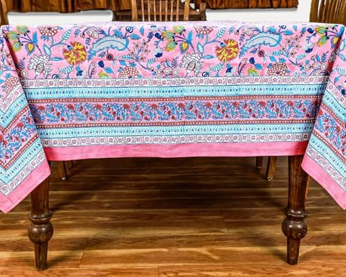 72x135 Inches Rectangle Hand Block Printed Cotton Tablecloth, Pink Blue Floral Table Cloths Washable, Indian Table Linen for Halloween Christmas Outdoor Thanksgiving Gifts Home Decor Dinning Outdoor - Image 2