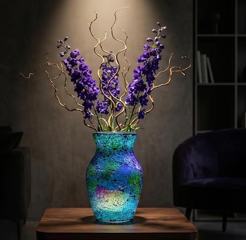 8" Iridescent Crackle Glass Vase, Handmade Deep Teal Green & Violet Mosaic Flower Vase, Dynamic Light-Reactive Art Centerpiece for Home Decor - Image 4