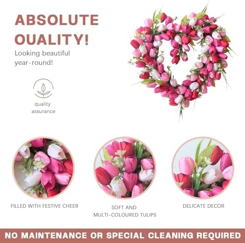 TEMPUS Heart Shaped Wreath for Spring with White Pink Red Tulip and Green Leaves - Love Decor for Mothers Day Wedding Festival Decor - Image 2