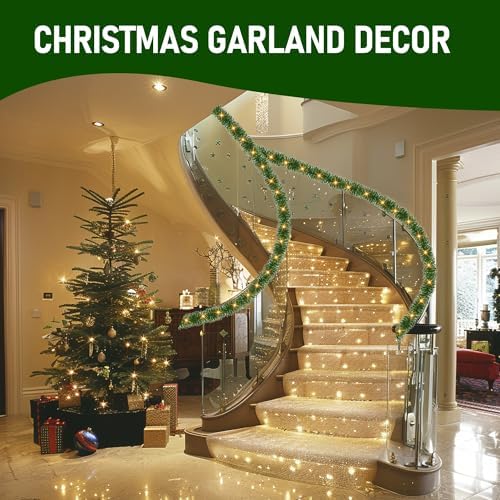 TW SHINE 30 FT Pre-Lit Christmas Garland Decorations, 100 LED Lighted Artificial Pine Garlands with 8 Modes, Green Garland for Indoor Outdoor Door Home Stairs Holiday Decor, Warm White - Image 2