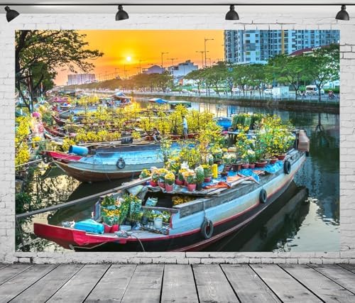 15x8ft Fabric Vietnam Flower Market Backdrop Ho Chi Minh City Canal Flowers Boats Sunset Scenery Background Vietnam Lunar New Year Party Decorations Photo Studio Props - Image 3