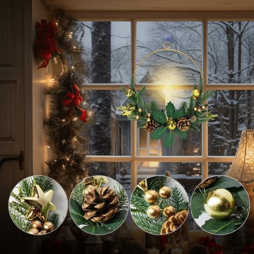2Pack Christmas Wreaths for Front Door with LED Taper Candles, 16-inch Window Wreath Christmas with Light & Remote, Battery Operated Outdoor Winter Ornaments Christmas Decorations丨Gold丨 - Image 2