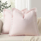 ZWJD Throw Pillow Covers 18x18 Set of 2 Striped Pillow Covers with Fringe Chic Cotton Decorative Pillows Square Cushion Covers for Sofa Couch Bed Living Room Farmhouse Decor (Pink) by ZWJD