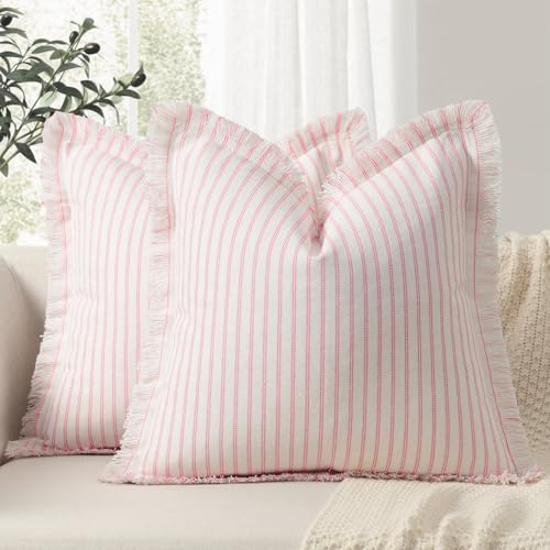 ZWJD Throw Pillow Covers 18x18 Set of 2 Striped Pillow Covers with Fringe Chic Cotton Decorative Pillows Square Cushion Covers for Sofa Couch Bed Living Room Farmhouse Decor (Pink) by ZWJD