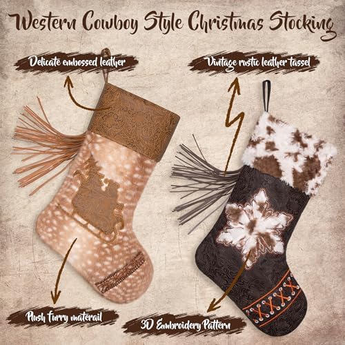 LUBOT Christmas Stockings Set of 6, Western Cowboy 20" Rustic Farmhouse Fireplace Hanging Décor Neutral Embossed Leather & Plush Faux Fur with Tassel Accents Large Family Xmas Stockings - Image 3