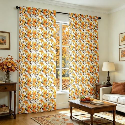 youleyar Fall Curtains for Living Room, 96 Inch Length Rod Pocket Printed Pattern Fall Curtian Panels, Autumn Orange Floral Window Drapes for Bedroom Dining Room Drapes, 52" W x 96" L - Image 2