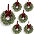 6 Pcs Small Christmas Hanging Wreaths with Artificial Cedar Pine Greenery Burgundy Dark Red Velvet Ribbon Mini Front Door Wreath for Porch Window Cabinet Wall Farmhouse Christmas Winter Holiday Decor by Unknown
