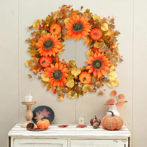 24 Inch Fall Wreath for Front Door, Autumn Harvest Wreaths with Yellow Leaves, Sunflower, Orange Pumpkin, Artificial Wreath for Indoor Outdoor Porch Thanksgiving Home Farmhouse Decorations - Image 5