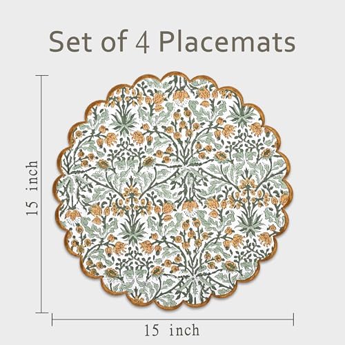 Ridhi Floral Block Print Round Placemats 15" in, Set of 4, Goldenrod Yellow - Image 4