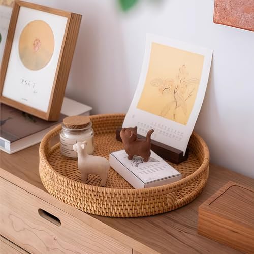 14" Round Rattan Tray, Hand Woven Serving Tray with Handles, Wicker Serving Basket, Decorative Tray for Home Decor, Natural - Image 5