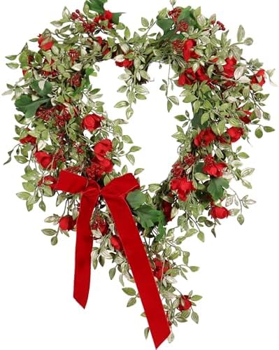 Spring Heart Wreath - 22IN, Green Wreath with Red Berry Velvet Bow, Romantic Spring Door Decor for Mother's Day, Weddings, Wall, and Farmhouse Home Décor - Image 2