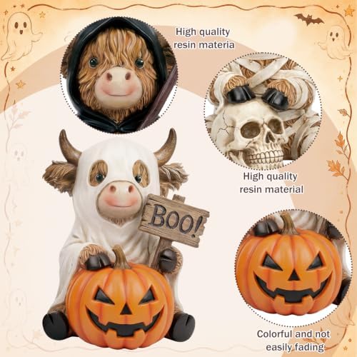 3 Pcs Halloween Highland Cow Figurines, Mummy Reaper Ghos Decor - Image 4
