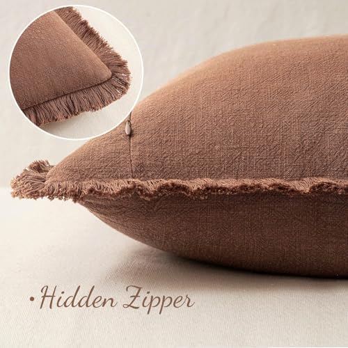 MIULEE Boho Linen Fringe Decorative Fall Throw Pillow Covers Brick 16x16 - Image 3