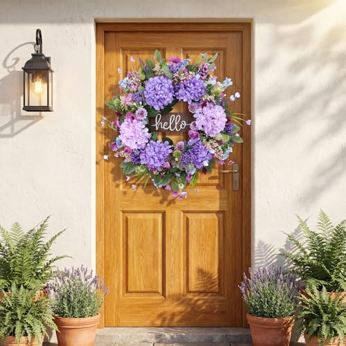 24" Spring Summer Wreaths Front Door with Hello Sign,Purple Hydrangea Wreath with Wildflowers Greenery Leaves,Eucalyptus Wreath for Front Door,Porch,Farmhouse,Wall,Window Outdoor Decor - Image 2