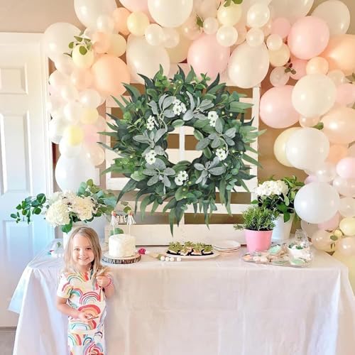 24"-26" Green Eucalyptus Wreaths for Front Door with Lambs Ear White Flowers – Lifelike Spring, Summer, and Winter Wreath for Farmhouse Front Porch Door Decor - Image 5