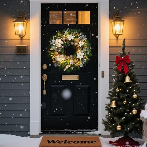 Christmas Wreaths for Front Door with Lights 24 Inch Prelit Christmas Wreath, Christmas Door Wreath with White Flowers, Gold Ornaments, Pine Cones, Greenery & Berries Indoor Outdoor - Image 2