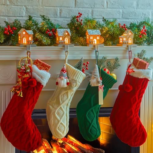 Christmas Stocking Holders for Mantle, 4 Pack 3D Wood House Stocking Hangers with Lights, Weighted Christmas Different Room Stocking Hooks for Fireplace Counter Window Decoration - Image 6