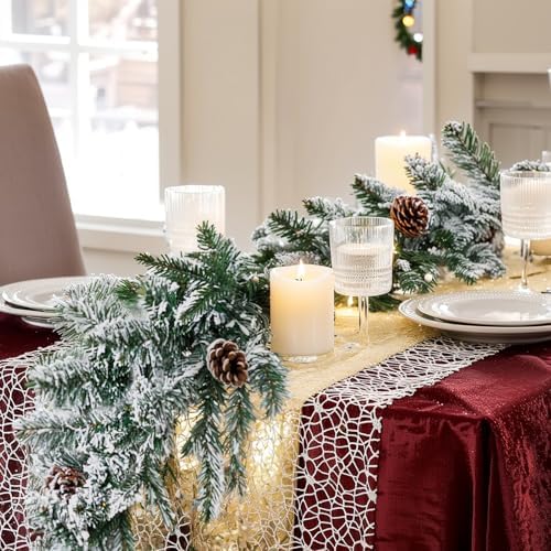 Nervure 9FT Real Touch Christmas Artificial Garland - Norfolk Pine Flocked Garland with 50 Warm White LED Lights for Home Fireplace Indoor Holiday Xmas Decor - Image 4