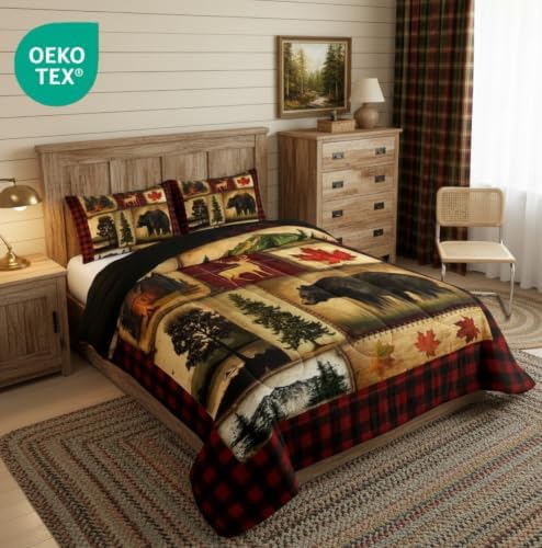 Bear Cabin Plaid Comforter Set Queen, Rustic Farmhouse Bedding Comforter Sets, Retro Hunting Deer Bedding, Country Woodland Pine Tree Duvet Set, Maple Leaf Lodge Decor Down Comforter, Red Black Brown - Image 2