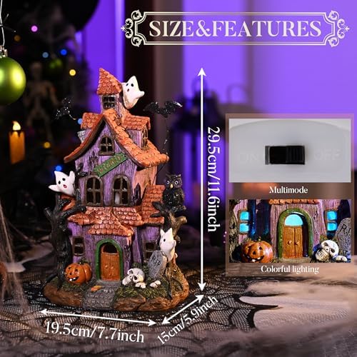 Valery Madelyn Halloween Decorations, Lighted Halloween Village Houses with LED Lights, Resin Spooky Town Happy Haunted House for Home and Party Table Desk Mantel, 12 Inch - Image 3