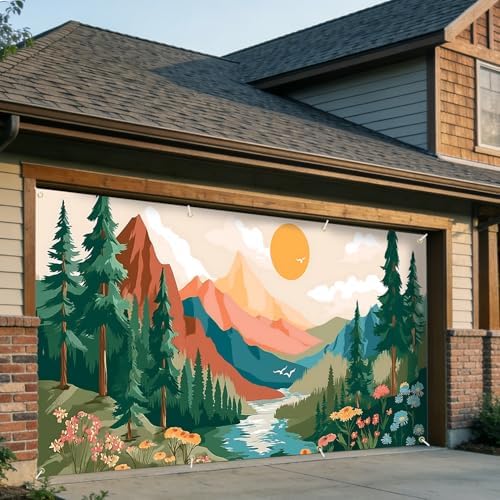 6x13 FT Mountain Sunrise Garage Door Banner - Forest River Landscape Art Backdrop, Large Indoor Outdoor Garage Door Cover, Nature Theme Decoration for Home, Yard, Cabin, Camping Party - Image 4