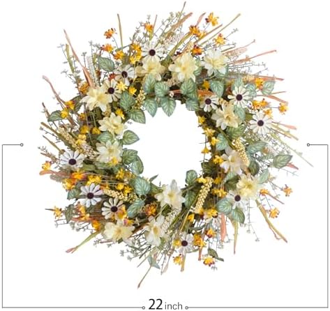 idyllic 22 Inches Spring Wreath for Front Door with Yellow and White Daisies Flowers, Ear of Wheat, Green Leaves, Fall Harvest Wreath for Festival Thanksgiving Farmhouse Wall Home Decor - Image 3