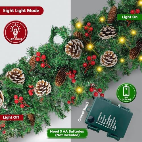 Christmas Garland, 9FT Prelit Christmas Garland with 50 LED Lights, Greenery Xmas Garland with 16 Pine Cones 75 Red Berry Christmas Decoration for Indoor Outdoor Home Mantel Fireplace - Image 3