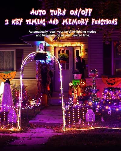 2Packs 380 LED Halloween Lights, Each 125FT String Lights 8 Lighting Modes & Timer Memory, Outside Waterproof Strings Lights for Trees Gardens Yard Holiday Decorations, Purple and Orange - Image 4