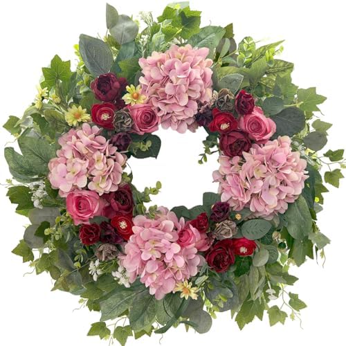 HipTree 24 Inch Spring Wreaths for Front Door with Hydrangeas Roses by HipTree