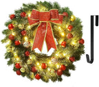 Juegoal 16 Inch Pre-Lit Christmas Wreath with Metal Hanger, Large Red Bow and Colored Balls, Battery Operated with Warm White 40 LEDs Lights, Front Door Spruce Lighted Wreath X-max Decorations by Juegoal