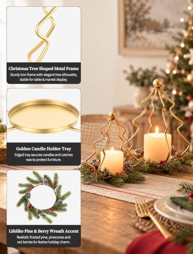 NUPTIO Christmas Tree Candle Holders: Gold Lanterns Set of 2 with Wreaths - Image 4